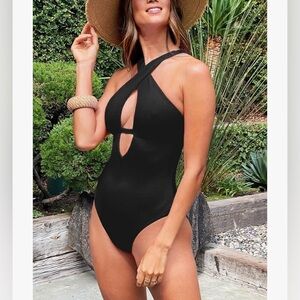 BECCA by Rebecca Virtue Fine Line Tessa Crossover High Neck One-Piece swim NWT